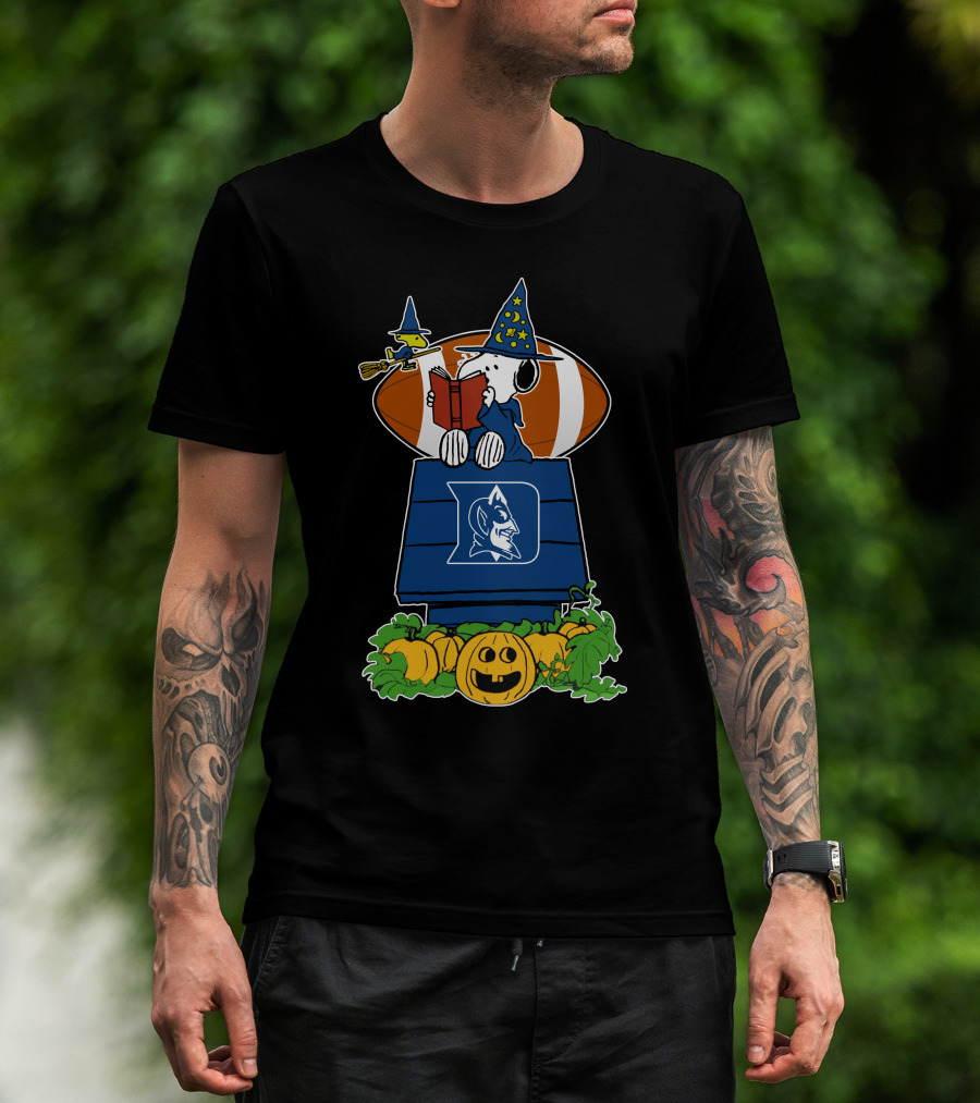 Duke Blue Devils Snoopy Halloween Peanuts Witch Woodstock Football Jack-O'-Lantern T-Shirt