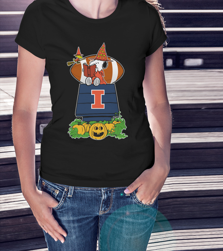 Illinois Fighting Illini Snoopy Halloween Witch Hat Football Pumpkins T-Shirt