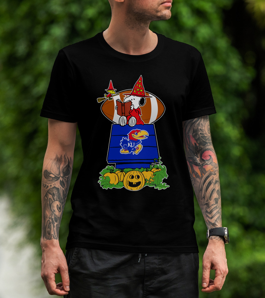 Kansas Jayhawks Snoopy Wizard Halloween Football Pumpkins T-Shirt