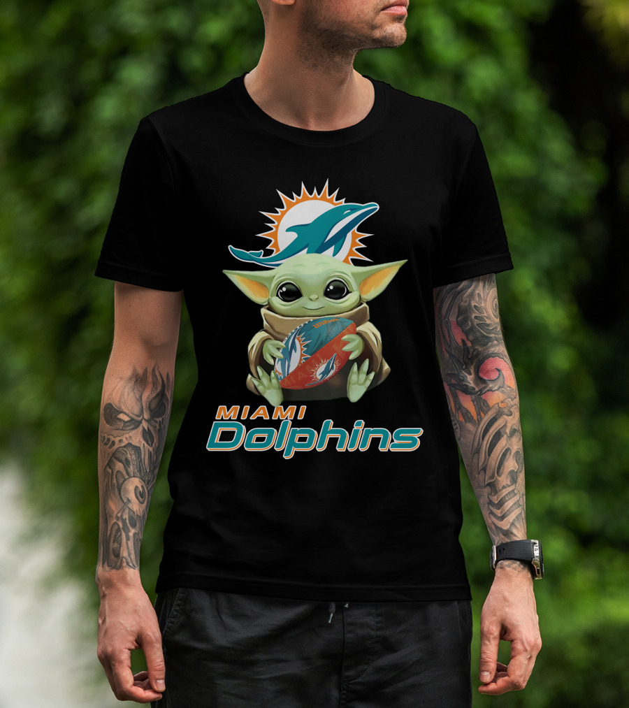 Miami Dolphins Baby Yoda Holding Football With Team T-Shirt