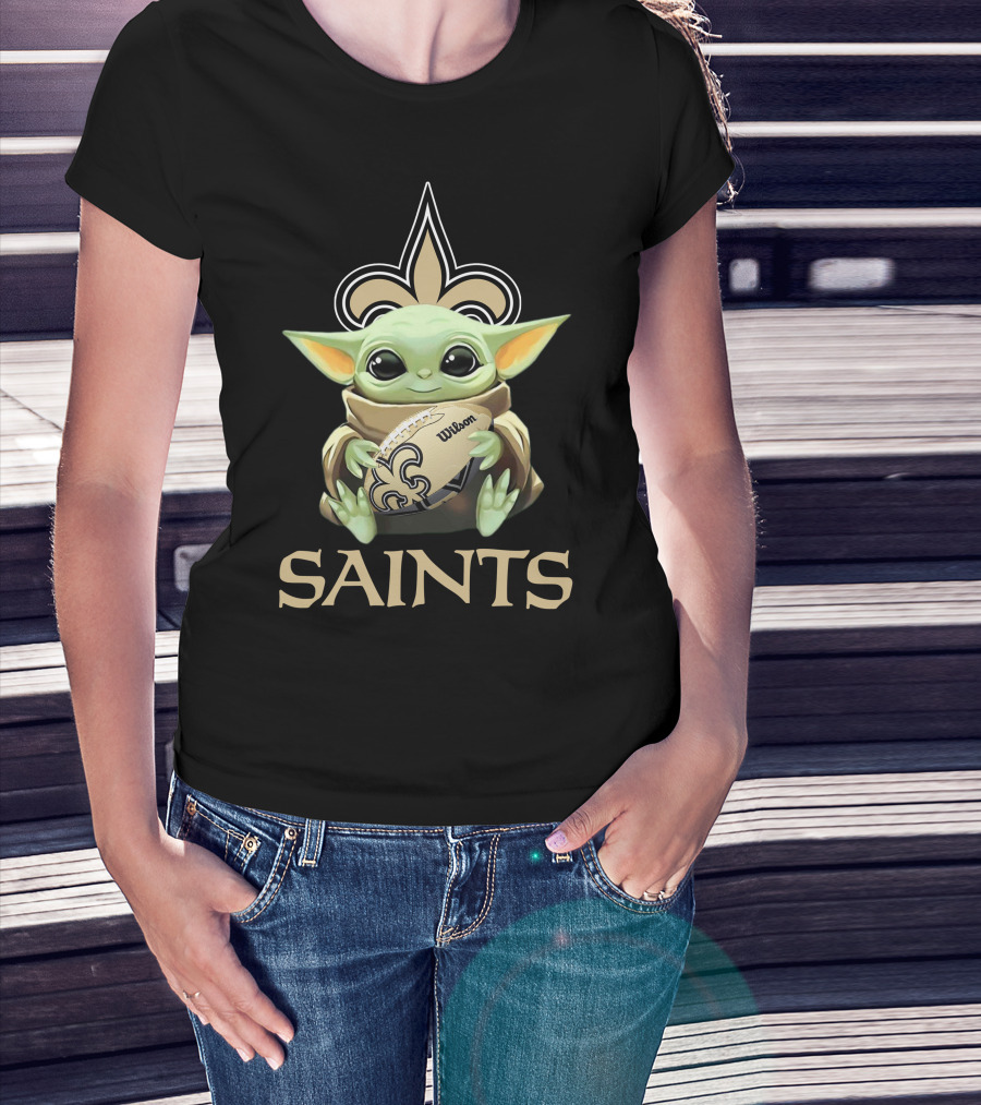 New Orleans Saints Baby Yoda Wilson Football Fleur-De-Lis T-Shirt