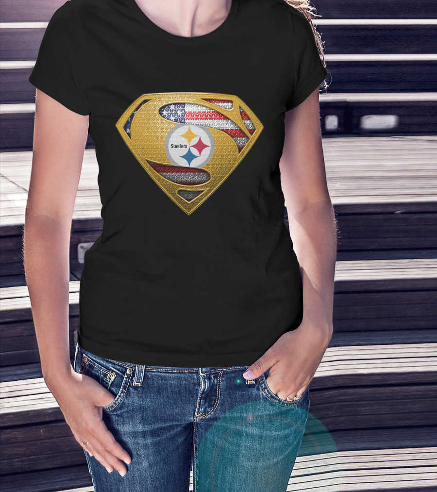 Pittsburgh Steelers American Flag Superman Shield Badge T-Shirt