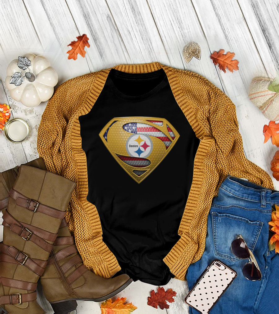 Pittsburgh Steelers American Flag Superman Shield Badge T-Shirt
