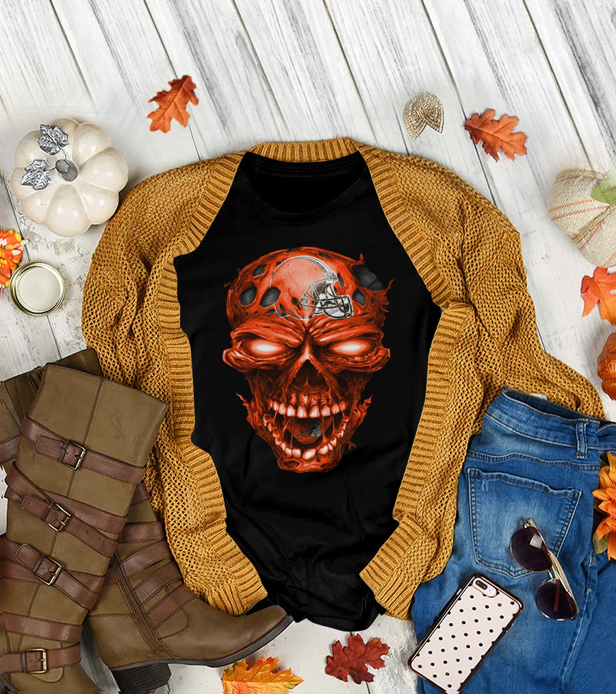 Cleveland Browns Helmet On Fiery Red Skull T-Shirt