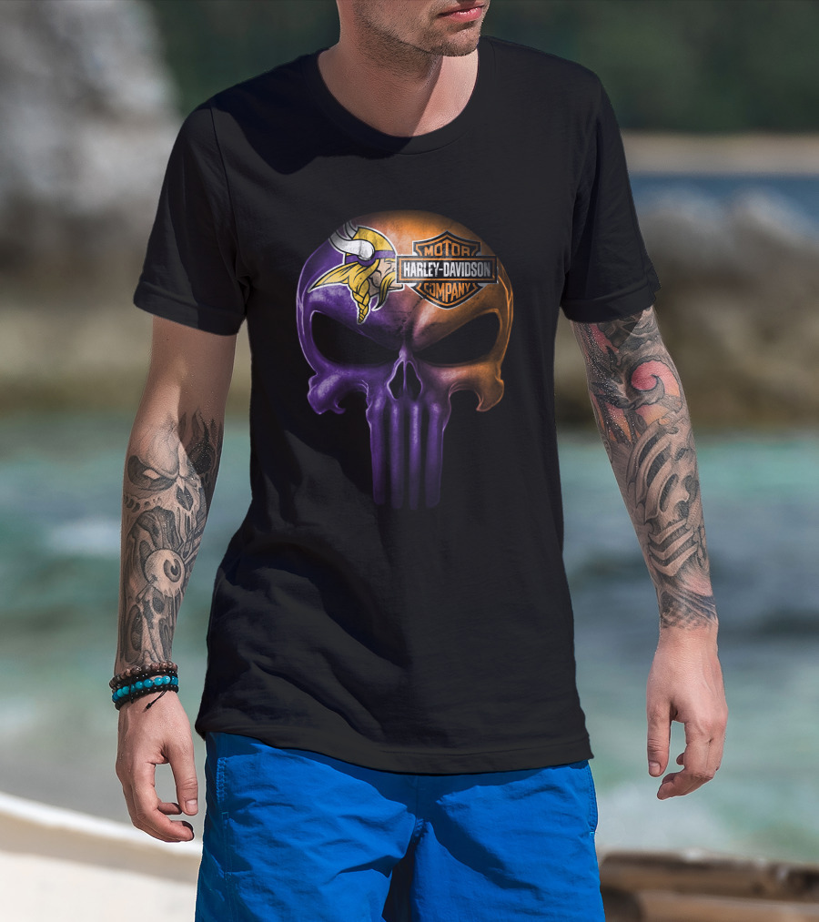 Minnesota Vikings Skull Harley Davidson Motor Company T-Shirt