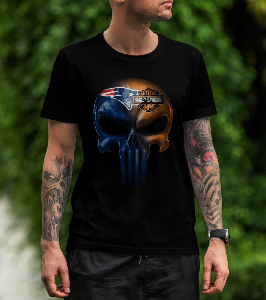 New England Patriots Skull Harley Davidson Crossover T-Shirt