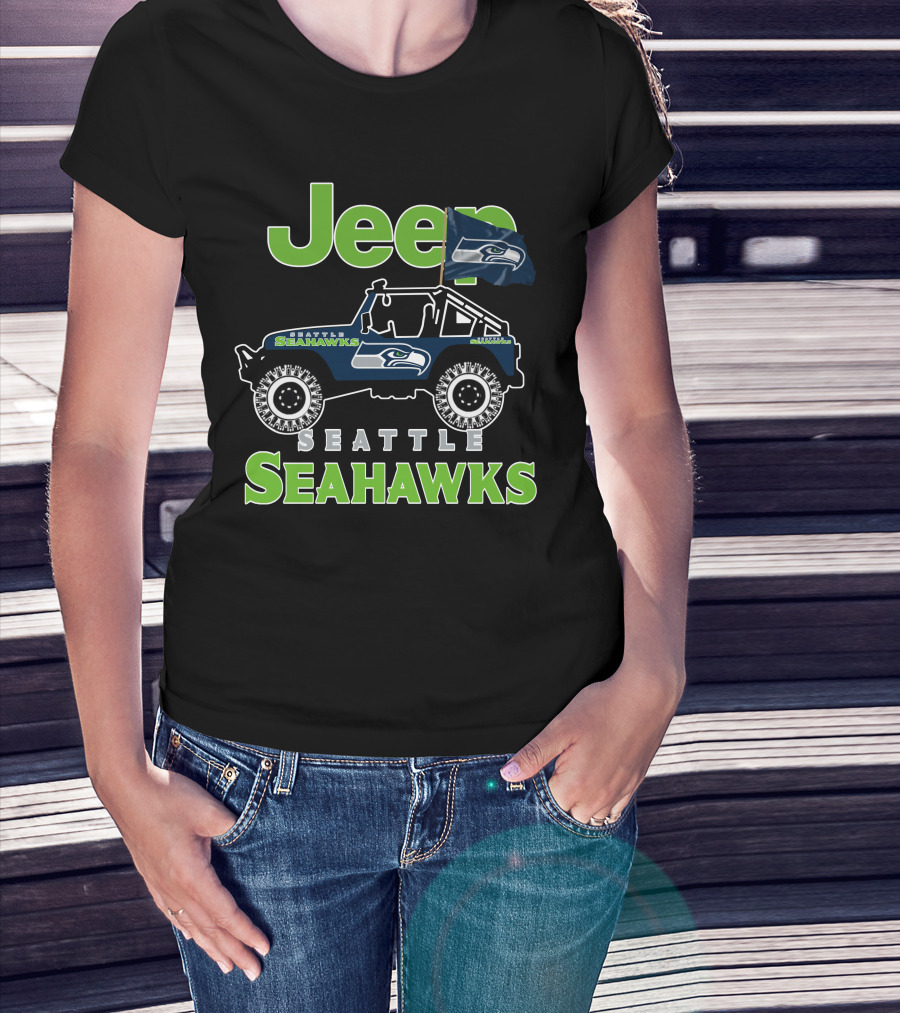 Jeep Seattle Seahawks Team Logo With Flag And Off-Road Vehicle T-Shirt