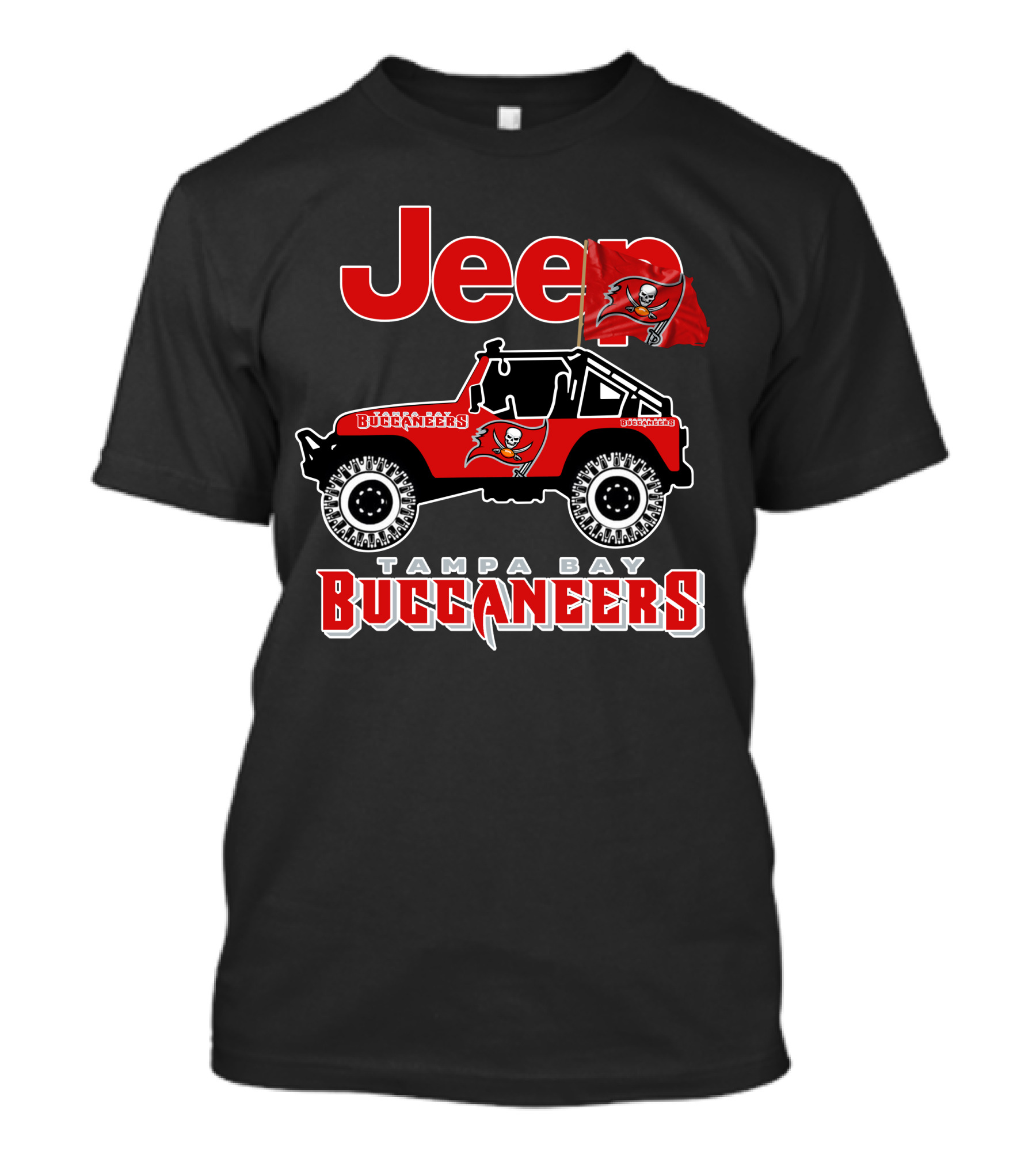 Tampa Bay Buccaneers Jeep With Logo And Flag T-Shirt