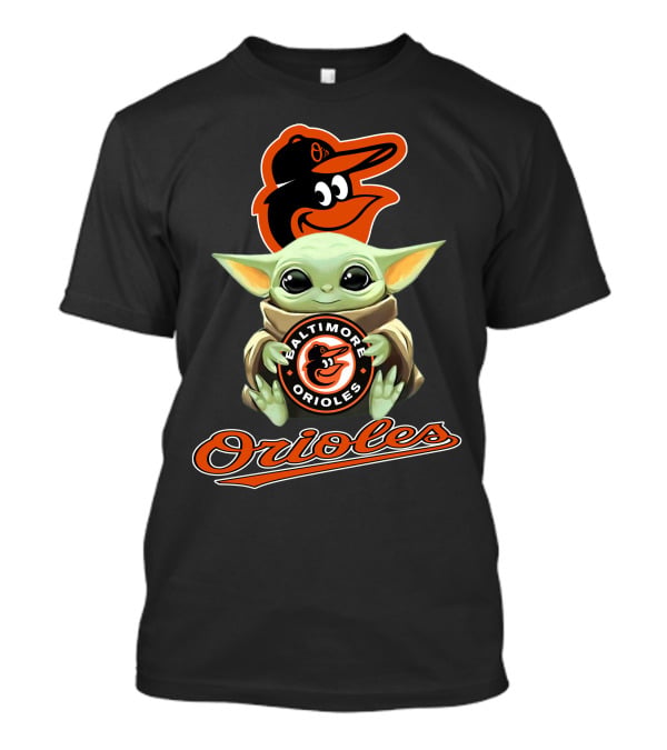 Baltimore Orioles Baby Yoda Holding Logo With Mascot And Team Name T-Shirt