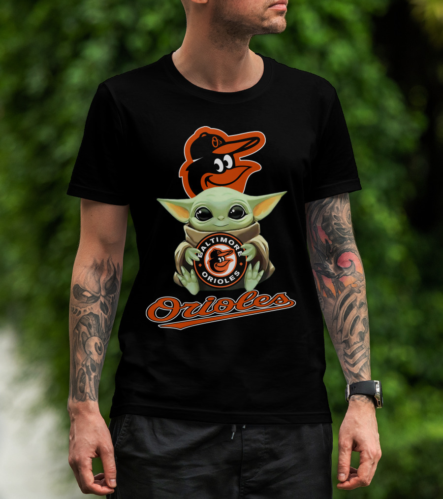 Baltimore Orioles Baby Yoda Holding Logo With Mascot And Team Name T-Shirt