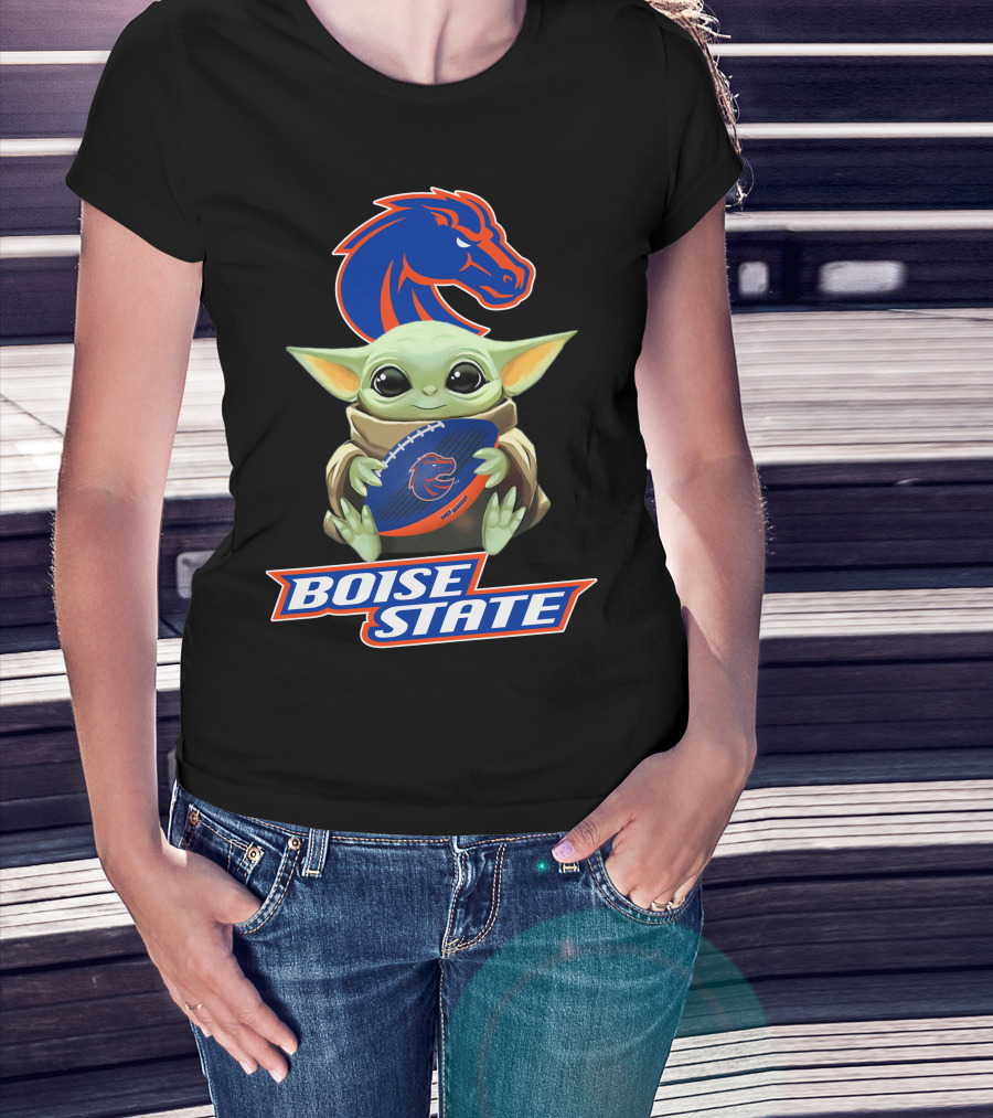 Boise State Broncos Baby Yoda Holding Football T-Shirt