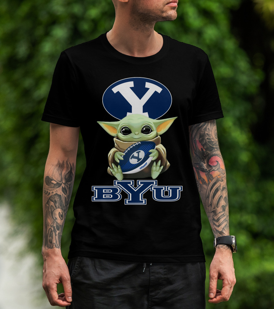 Byu Cougars Baby Yoda Holding Football With Byu T-Shirt
