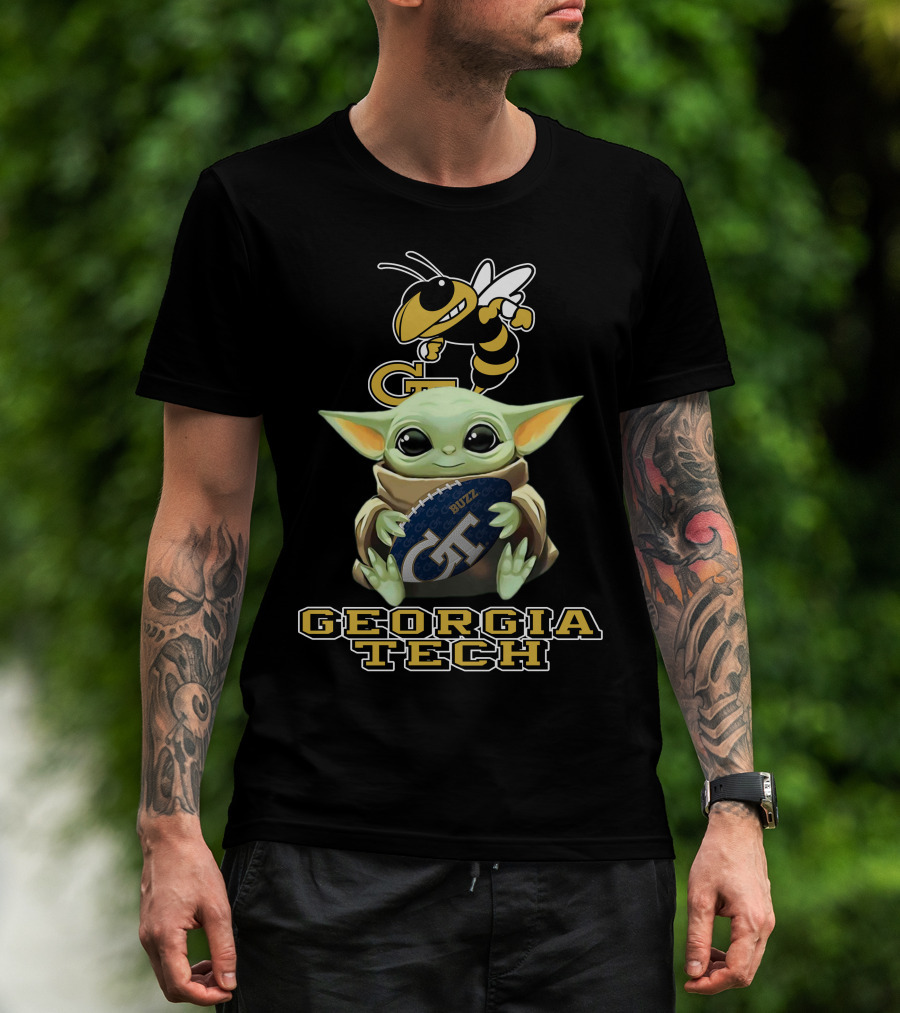 Georgia Tech Yellow Jackets Baby Yoda Holding Buzz Football T-Shirt