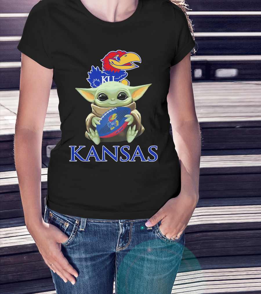 Kansas Jayhawks Baby Yoda Football Holding Ku T-Shirt