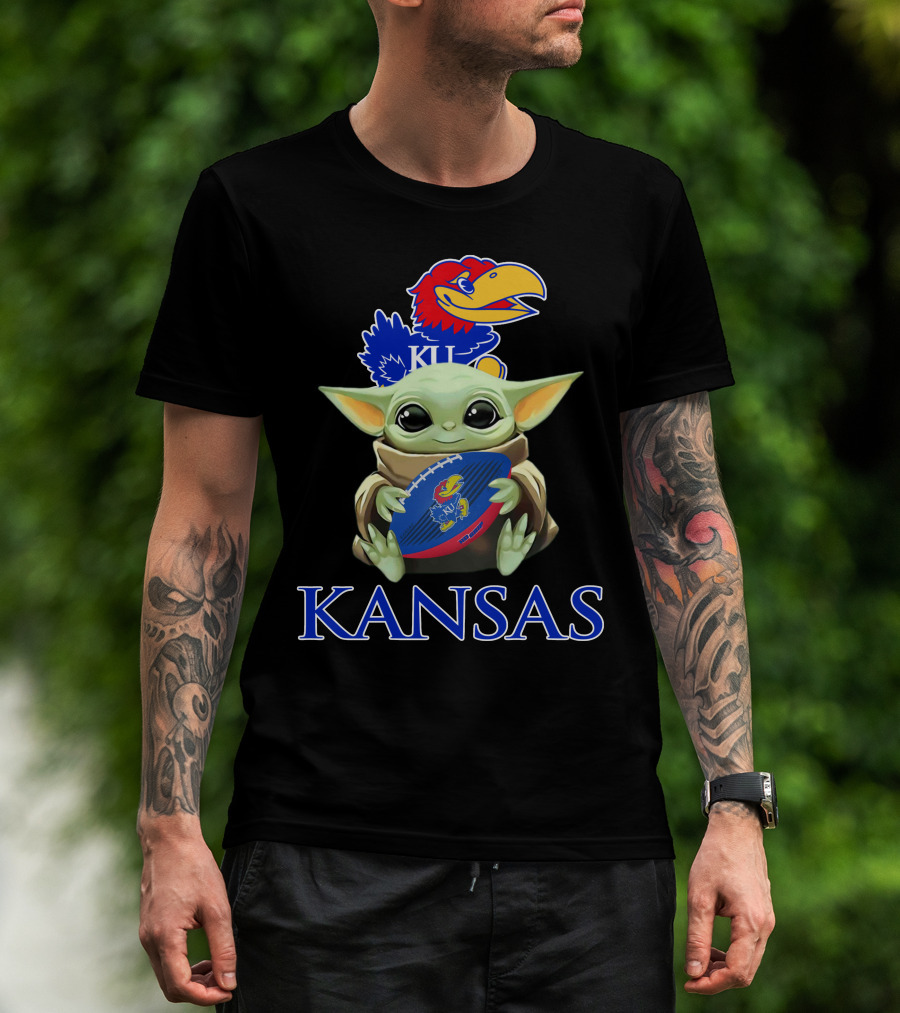 Kansas Jayhawks Baby Yoda Football Holding Ku T-Shirt