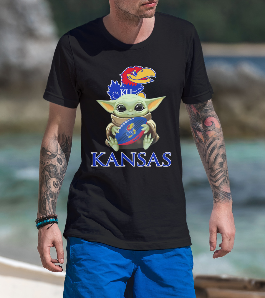 Kansas Jayhawks Baby Yoda Football Holding Ku T-Shirt