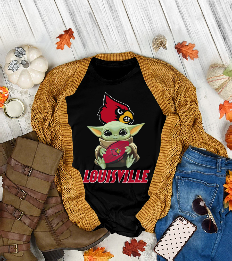 Louisville Cardinals Baby Yoda Holding Football T-Shirt