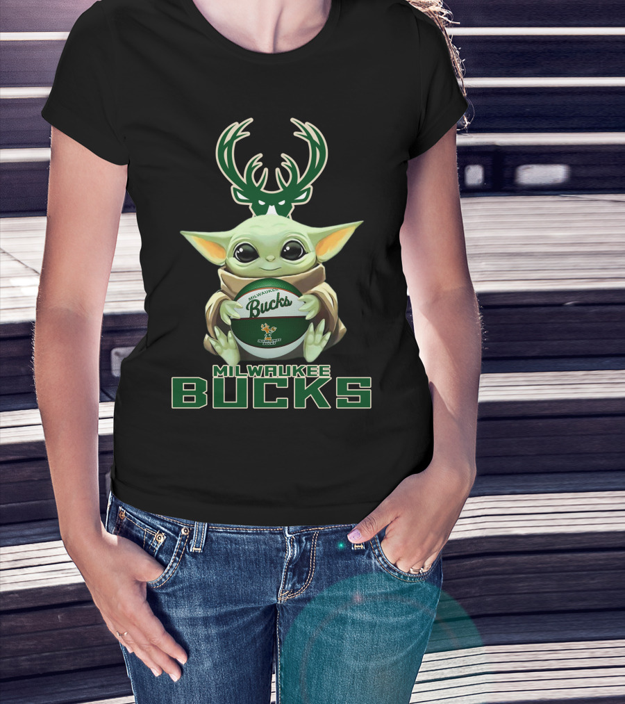 Milwaukee Bucks Baby Yoda Holding Bucks Basketball Star Wars Crossover T-Shirt