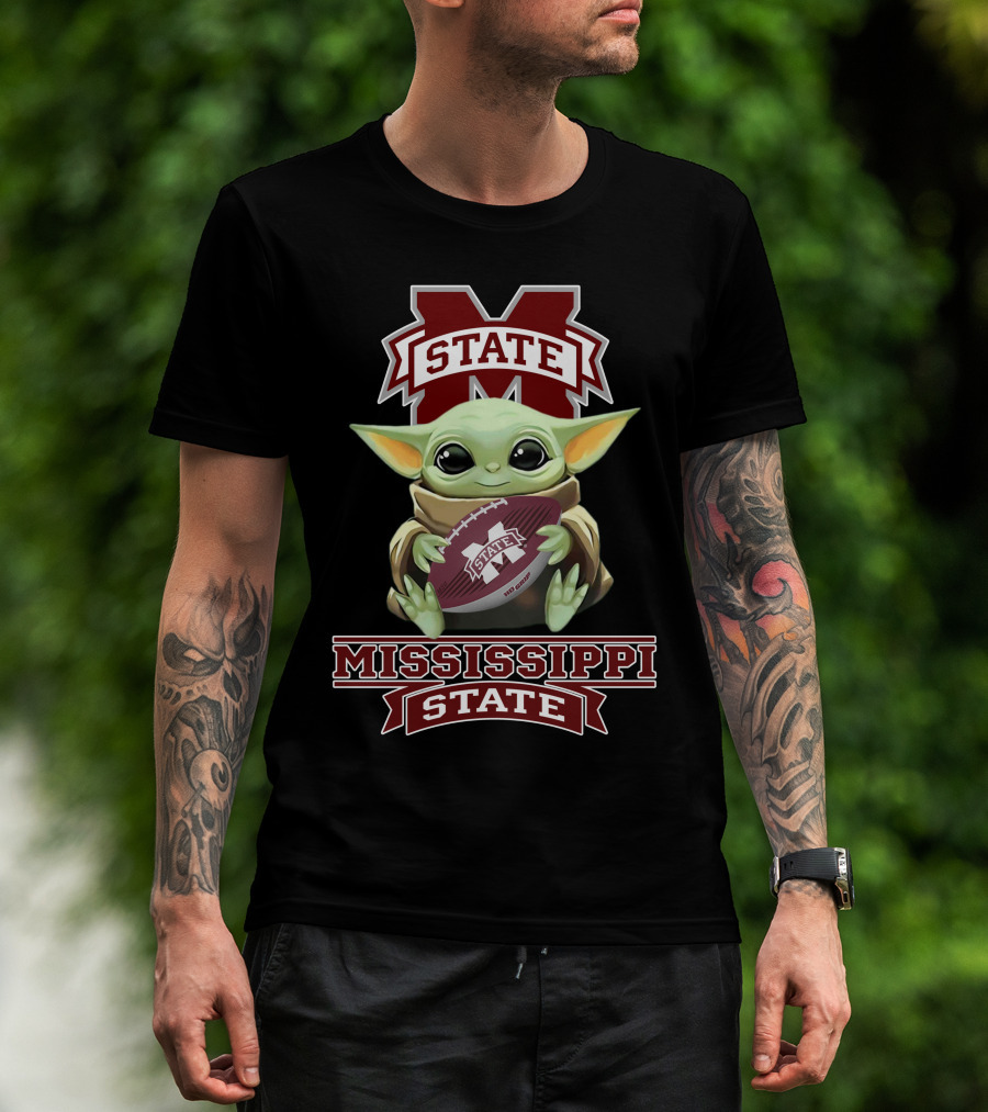 Mississippi State Bulldogs Baby Yoda Holding Football T-Shirt