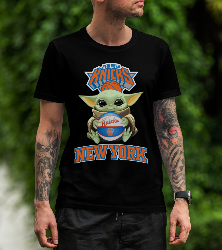 New York Knicks Baby Yoda Holding Basketball T-Shirt