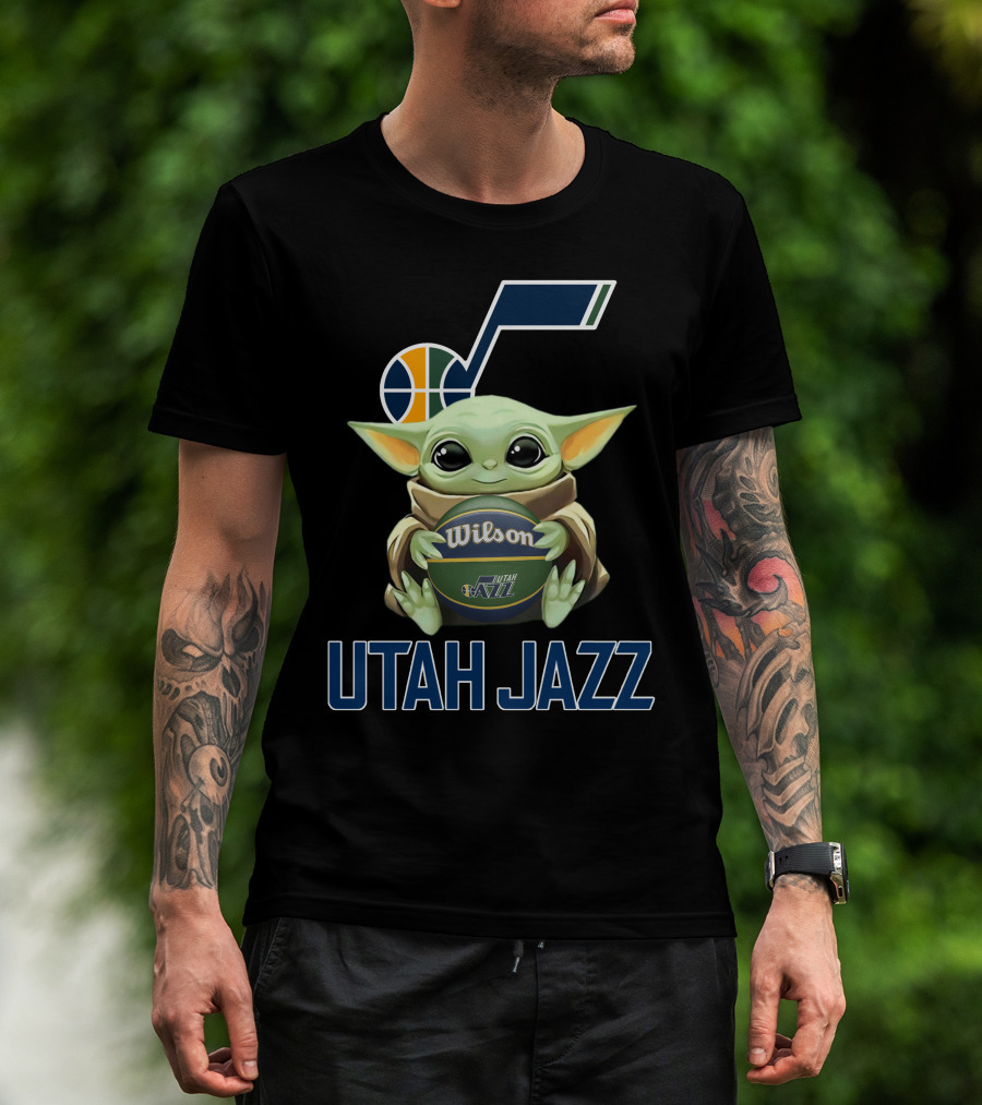 Utah Jazz Baby Yoda Holding Wilson Basketball T-Shirt
