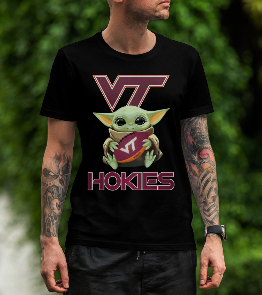 Vt Hokies Baby Yoda Football T-Shirt