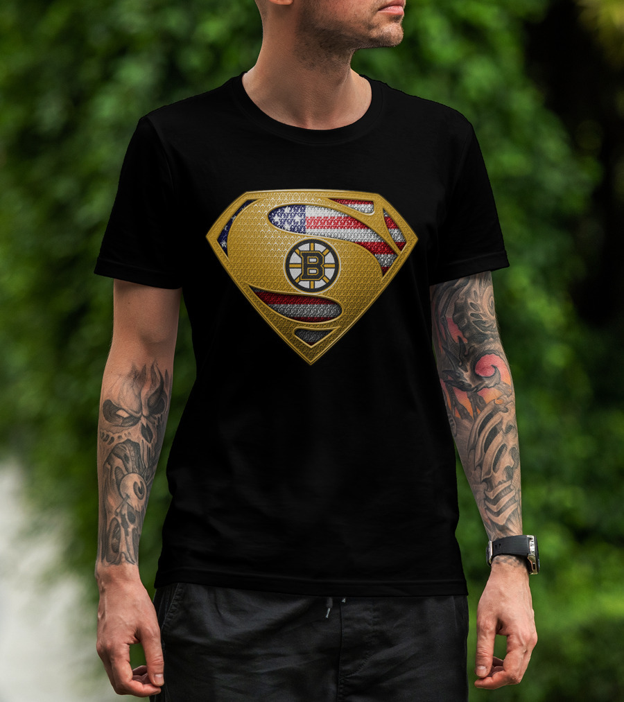 Boston Bruins Superman Shield American Flag T-Shirt