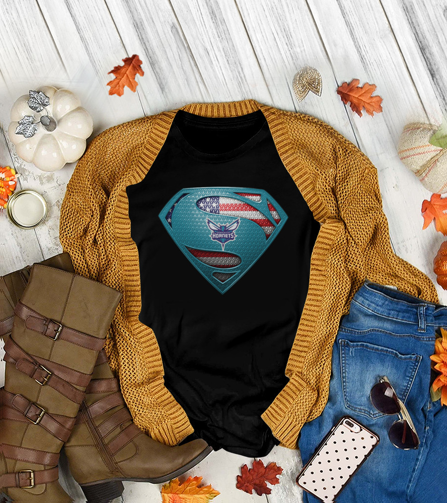 Charlotte Hornets American Flag Superman Logo Fusion T-Shirt