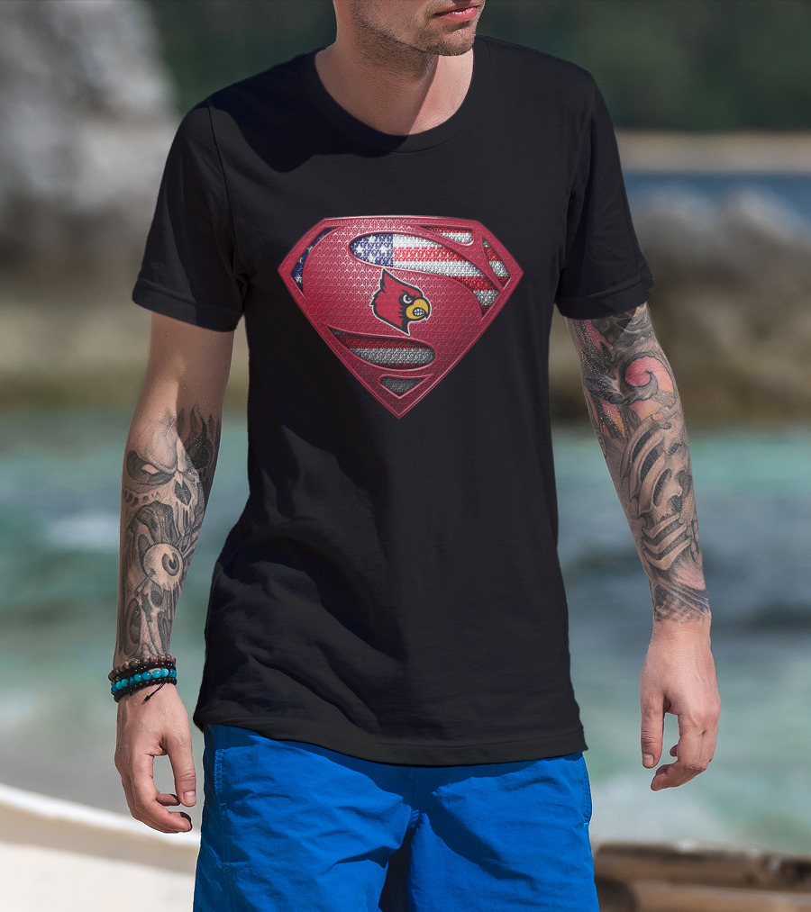 Louisville Cardinals Superman Shield With American Flag T-Shirt