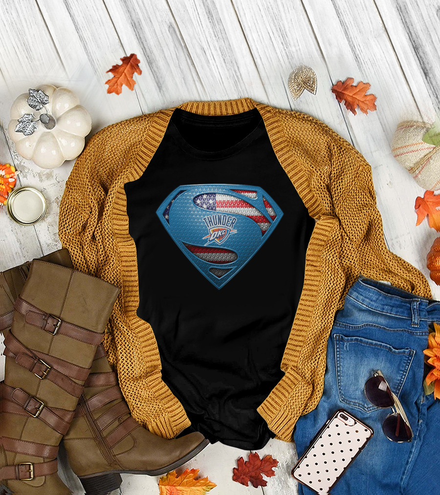 Superman Shield With Oklahoma City Thunder Okc Logo And American Flag T-Shirt
