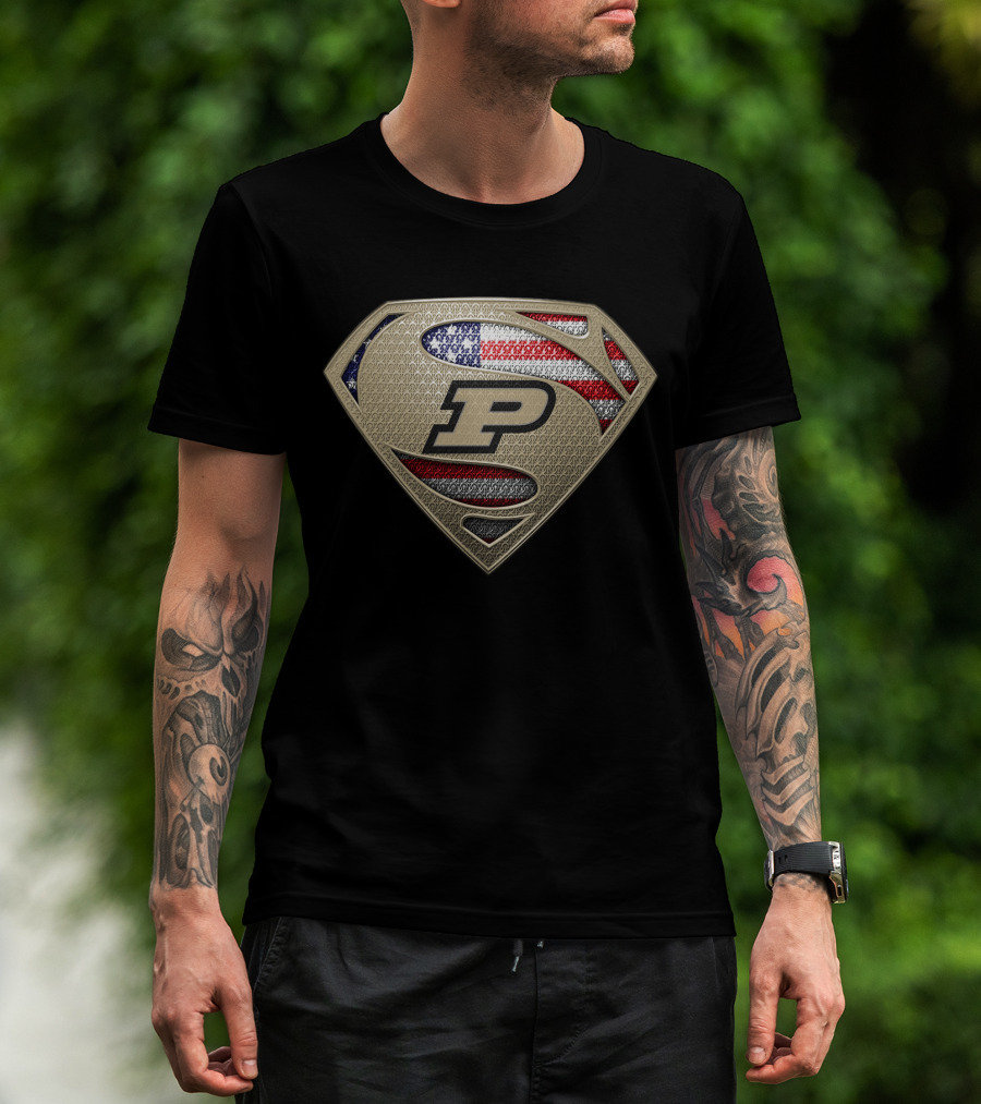 Purdue Boilermakers P American Flag Superman T-Shirt