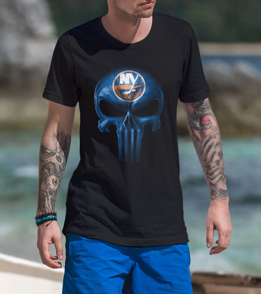 New York Islanders Skull Logo Dark Blue Punisher Style T-Shirt
