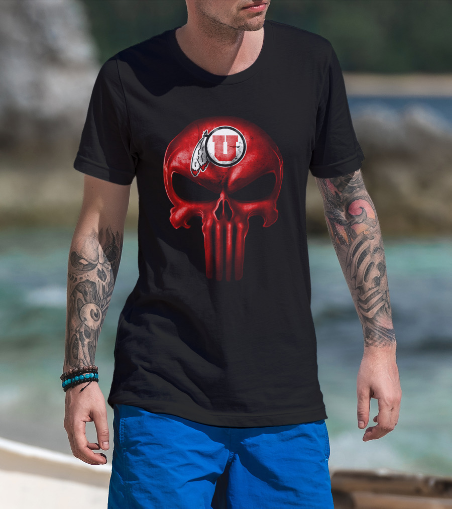 Utah Utes Punisher Skull Red Feathers T-Shirt