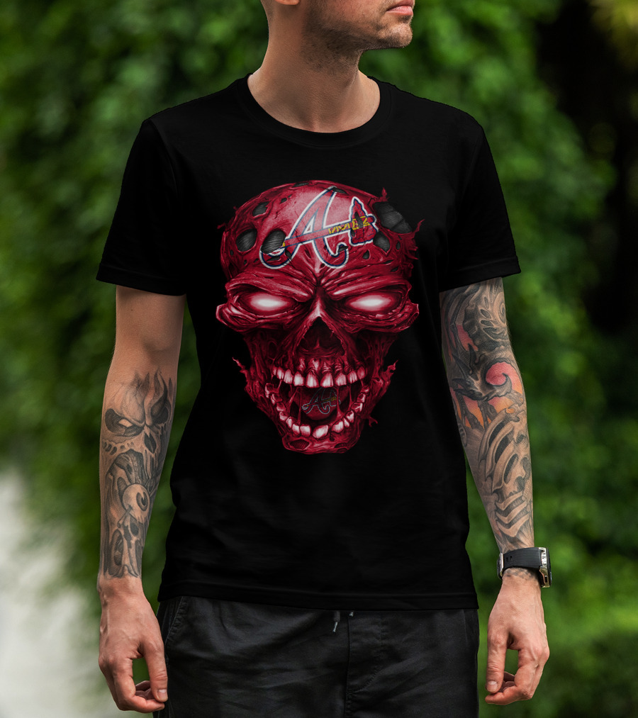 Atlanta Braves Red Skull With Team Logo And Tomahawk T-Shirt