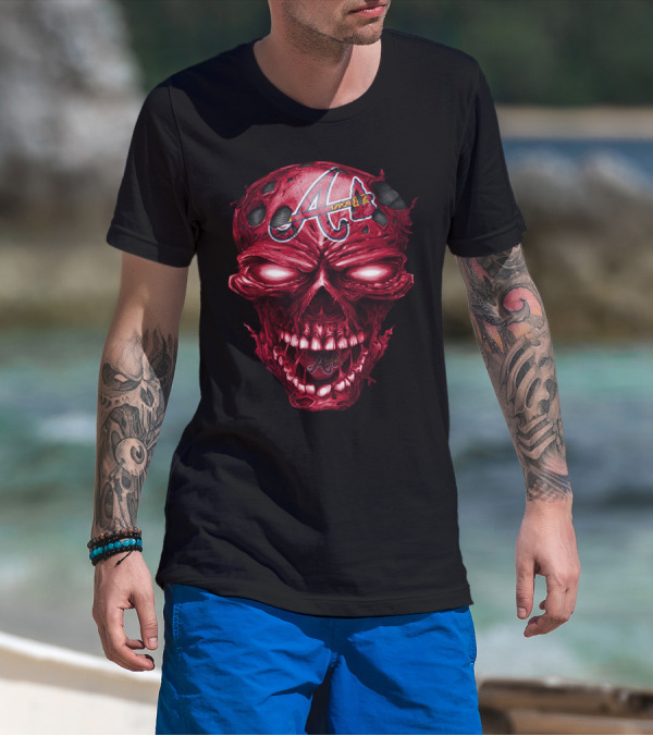 Atlanta Braves Red Skull With Team Logo And Tomahawk T-Shirt
