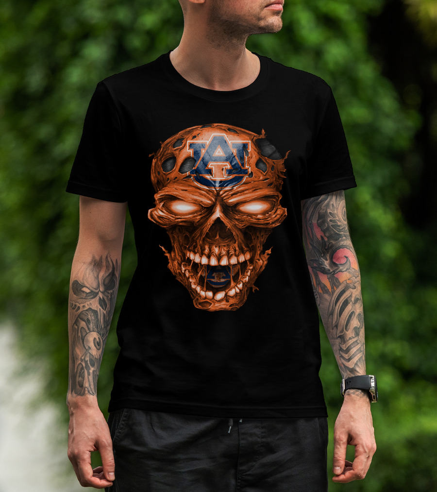 Auburn Tigers Skull With Auburn Logo And Fiery Eyes T-Shirt