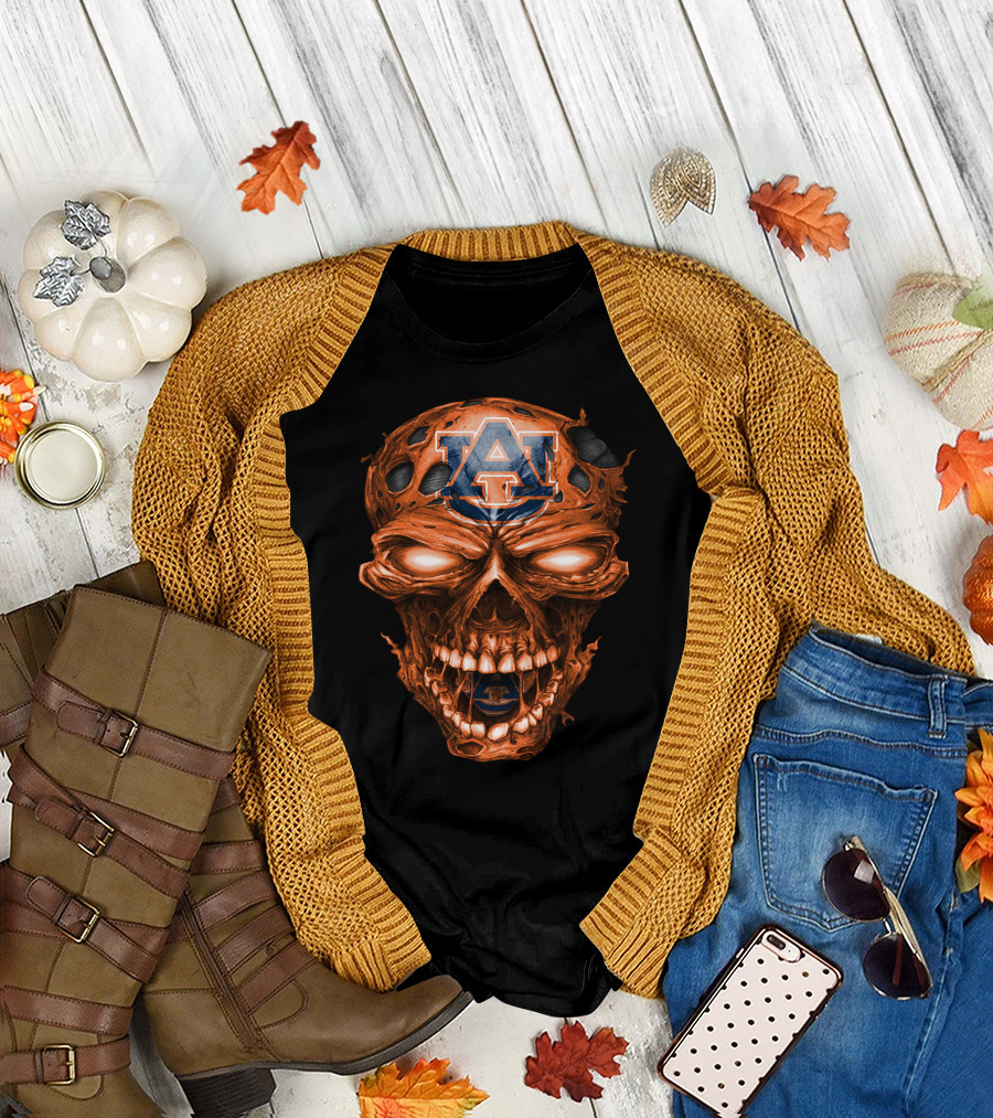 Auburn Tigers Skull With Auburn Logo And Fiery Eyes T-Shirt