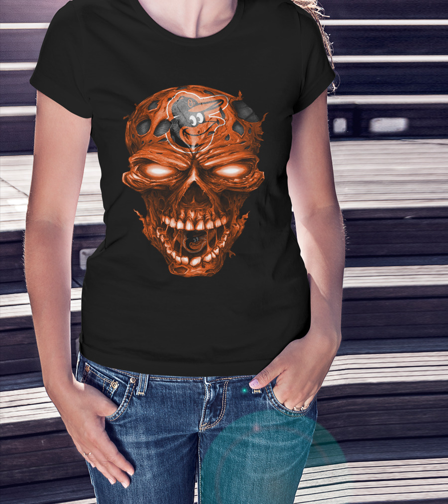 Baltimore Orioles Logo On Orange Skull T-Shirt