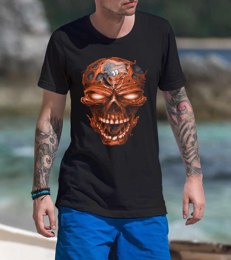 Baltimore Orioles Logo On Orange Skull T-Shirt