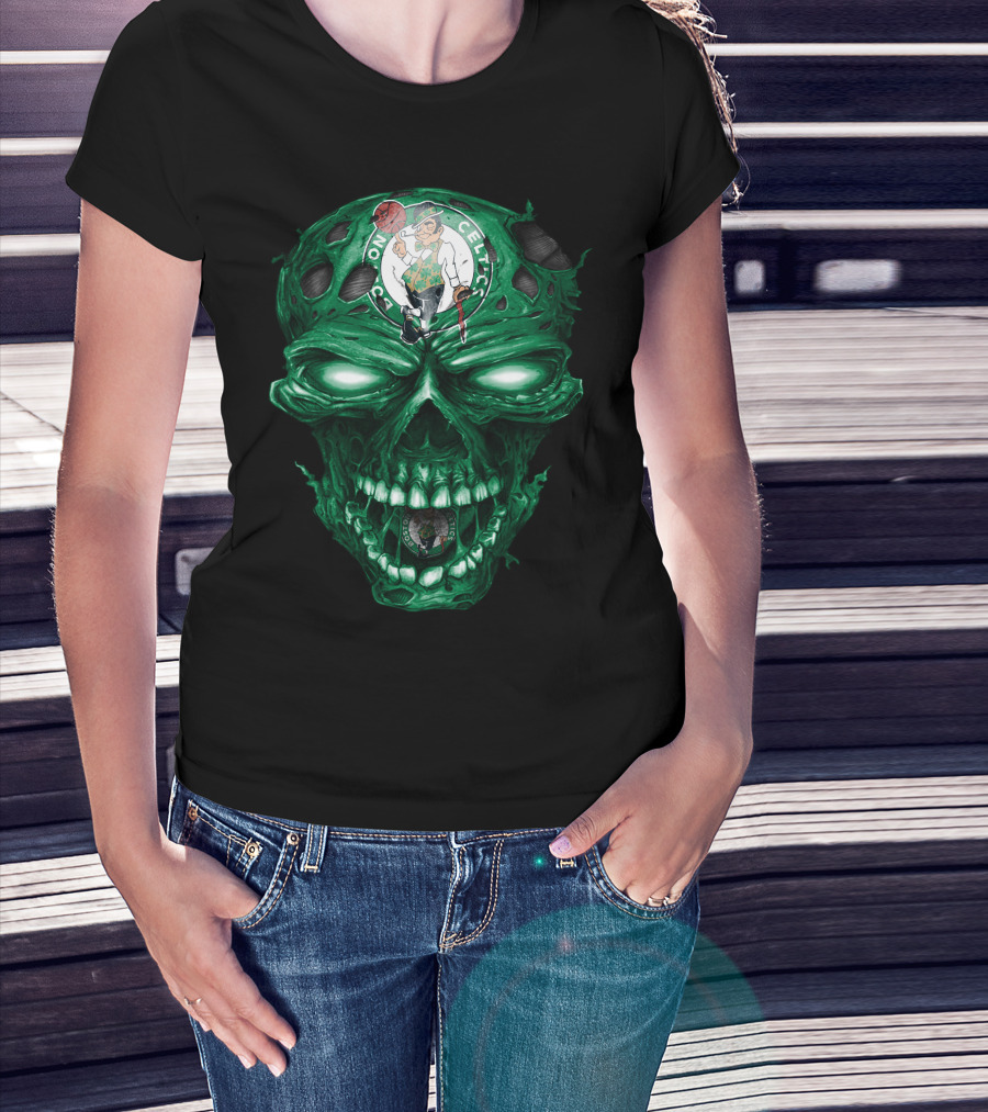 Boston Celtics Skull With Team Logo And Green Fire Eyes T-Shirt
