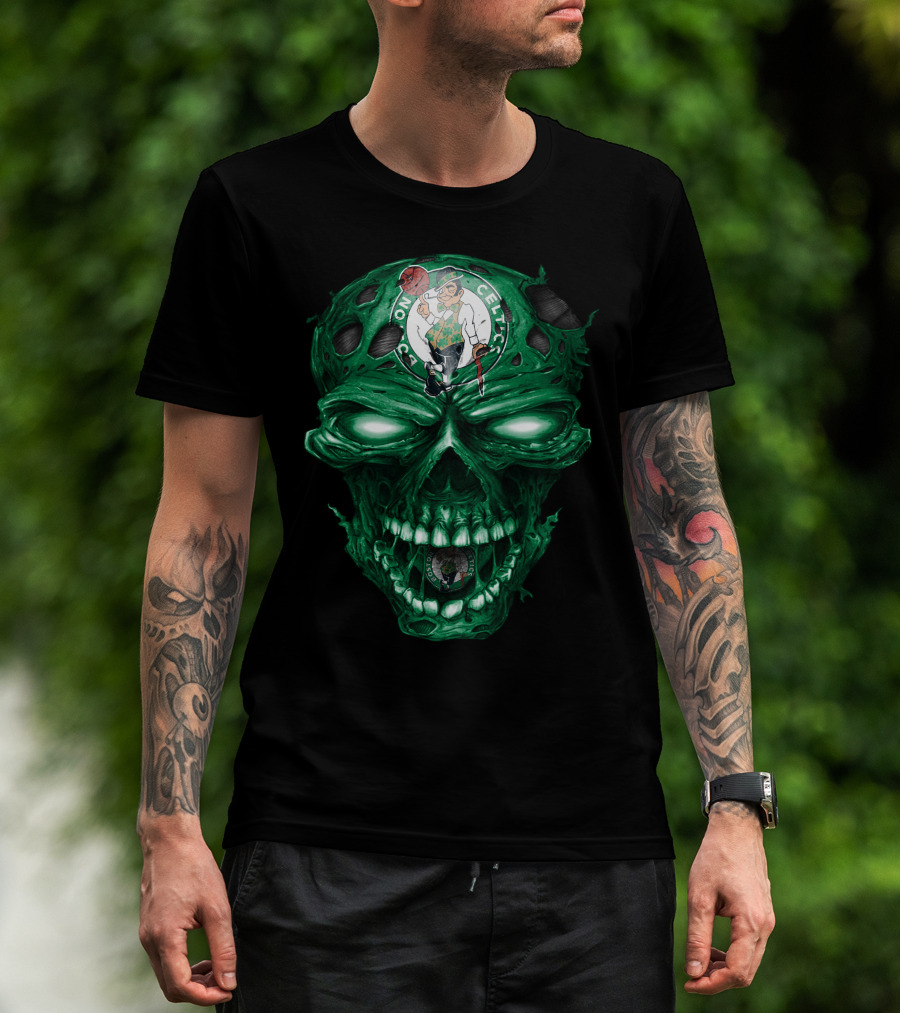 Boston Celtics Skull With Team Logo And Green Fire Eyes T-Shirt