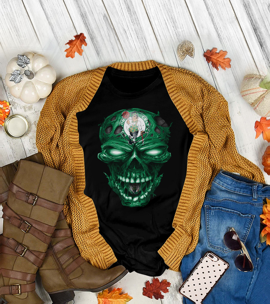 Boston Celtics Skull With Team Logo And Green Fire Eyes T-Shirt