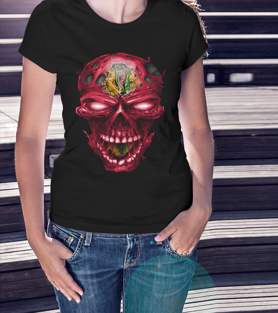 Chicago Blackhawks Skull Red Grunge Horror Style T-Shirt
