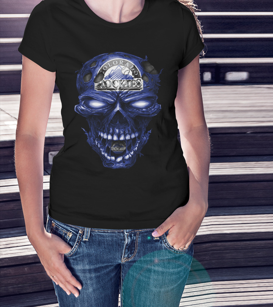 Colorado Rockies Skull Logo With Blue Fiery T-Shirt