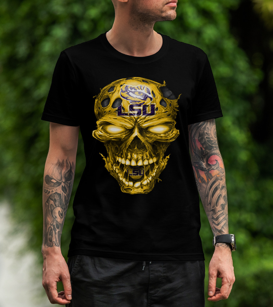 Lsu Tigers Skull Graphic With Logo And Fierce Glowing Eyes T-Shirt