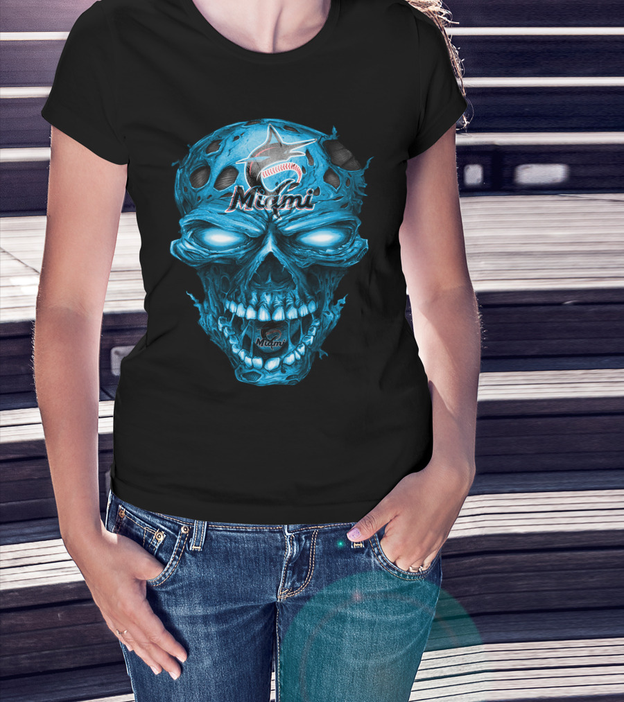 Miami Marlins Skull Blue Baseball T-Shirt