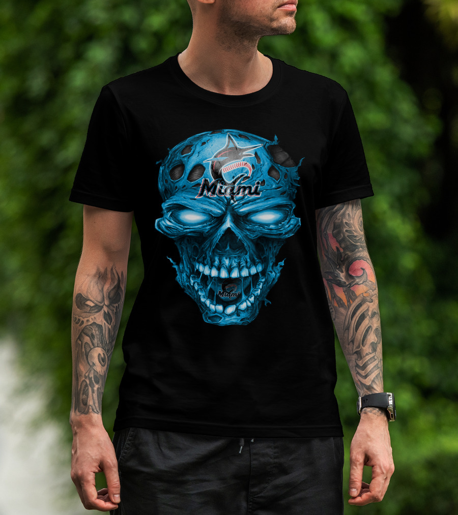 Miami Marlins Skull Blue Baseball T-Shirt