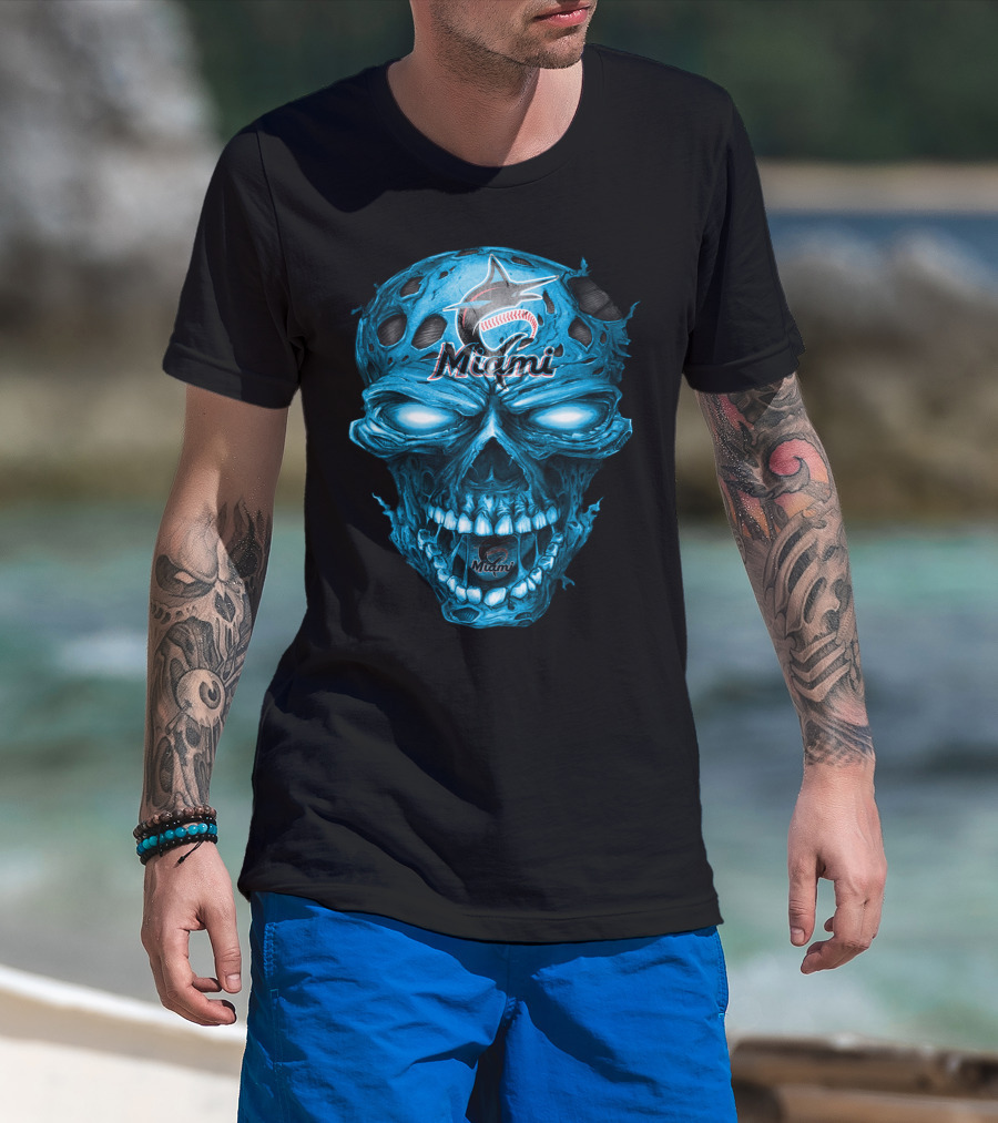Miami Marlins Skull Blue Baseball T-Shirt