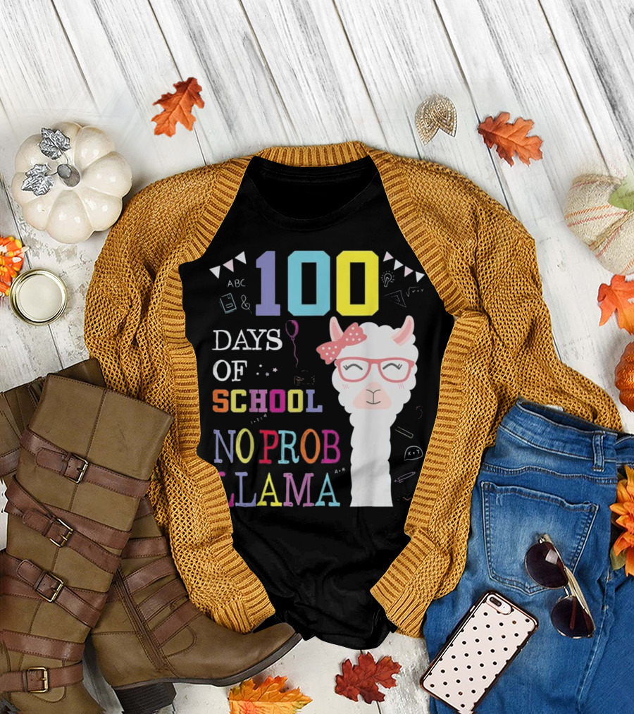 100 Days of School No Probllam Llama with Glasses and Bow T-Shirt