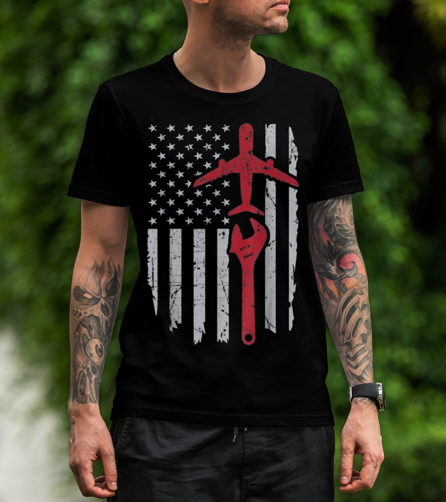 American Flag Airplane Mechanic Aviation Technician Wrench T-Shirt